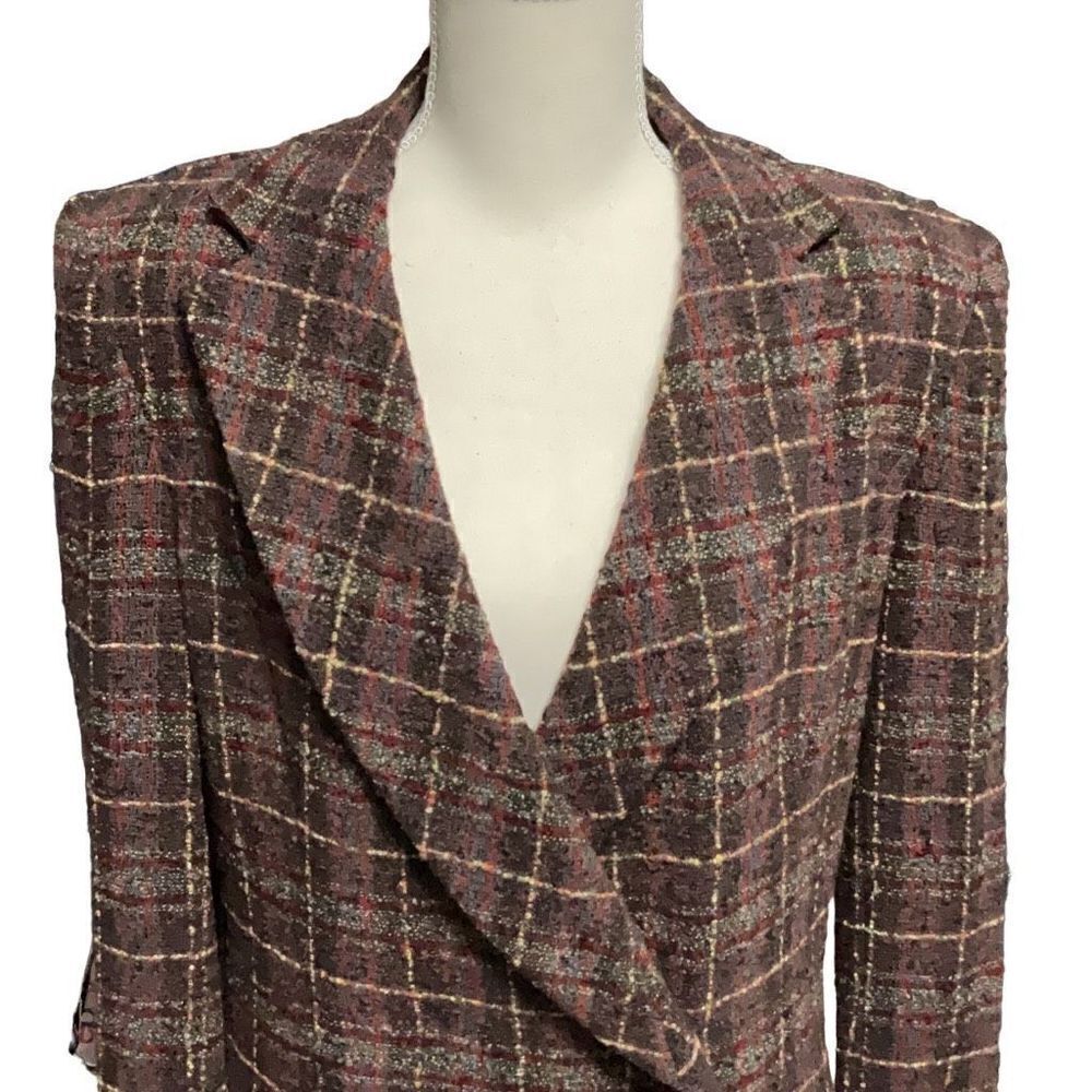 Phillipe Adec VTG One Button Wool Blend Plaid Tweed Prune Blazer Sz 12/44 NWT - Picture 4 of 7